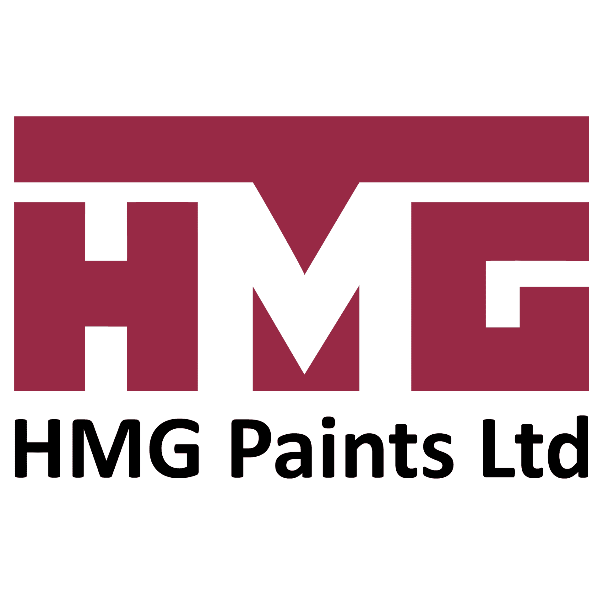 HMG Paints Ltd logo in maroon and black on a white background