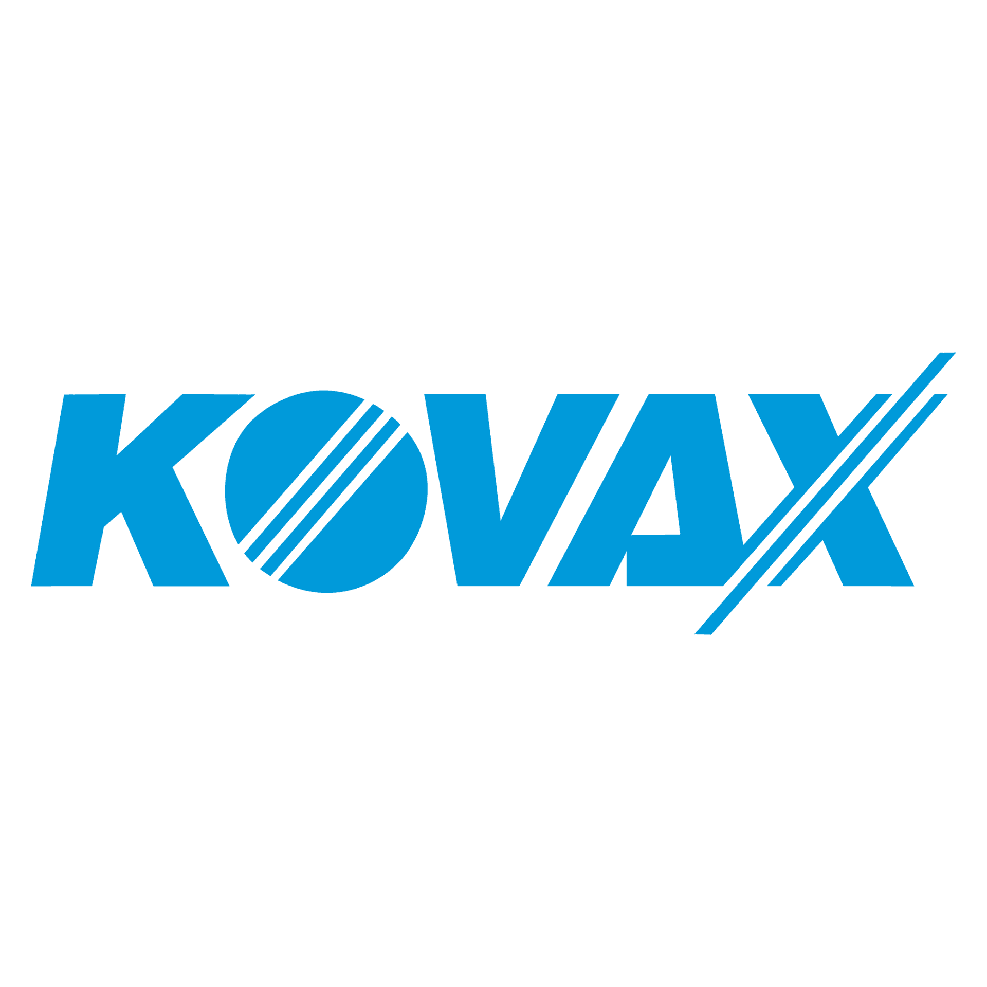 Blue KOVAX logo with stylized lettering and diagonal stripes in the “O” and “X”
