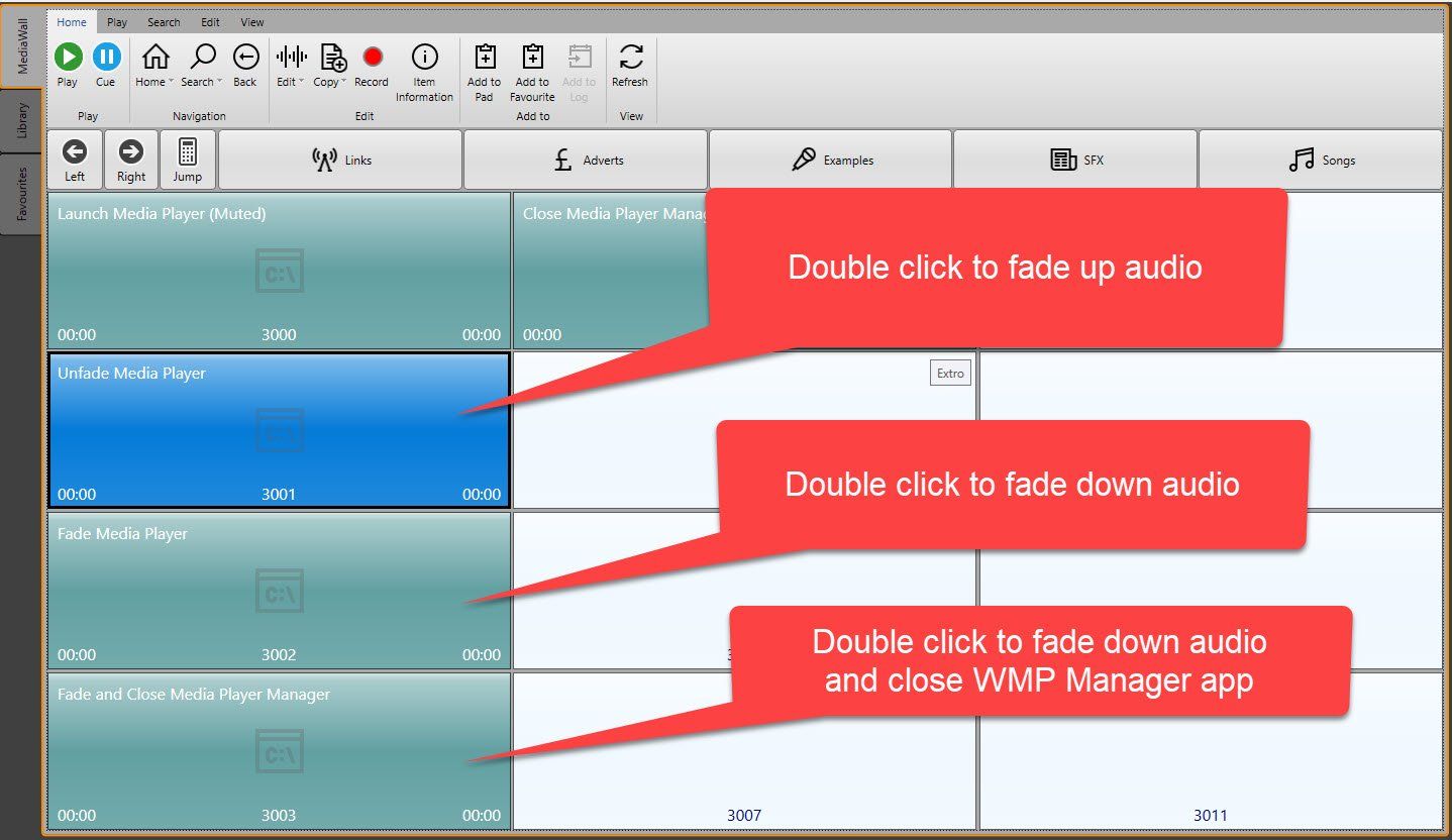 A computer screen shows how to double click to fade up audio and double click to fade down audio