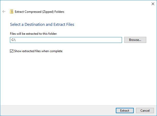 A screen shot of a program that says select a destination and extract files