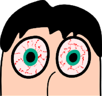 A cartoon of a man 's face with bloodshot eyes.