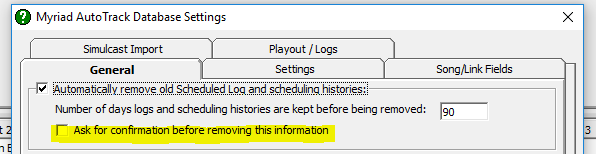 A screen shot of a program called myriad autotrack database settings