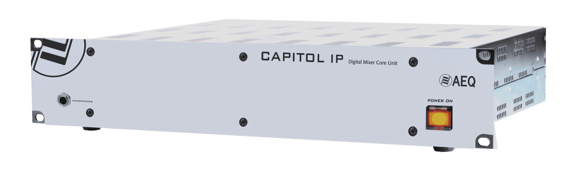 A white box with a yellow button on the side of it.