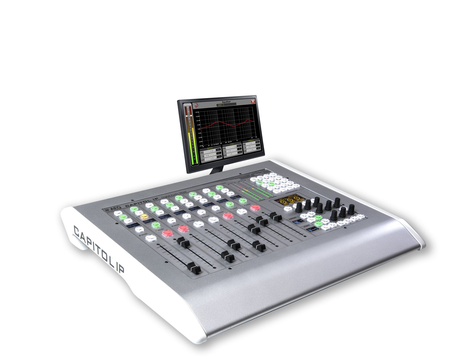 A mixer with a monitor on top of it