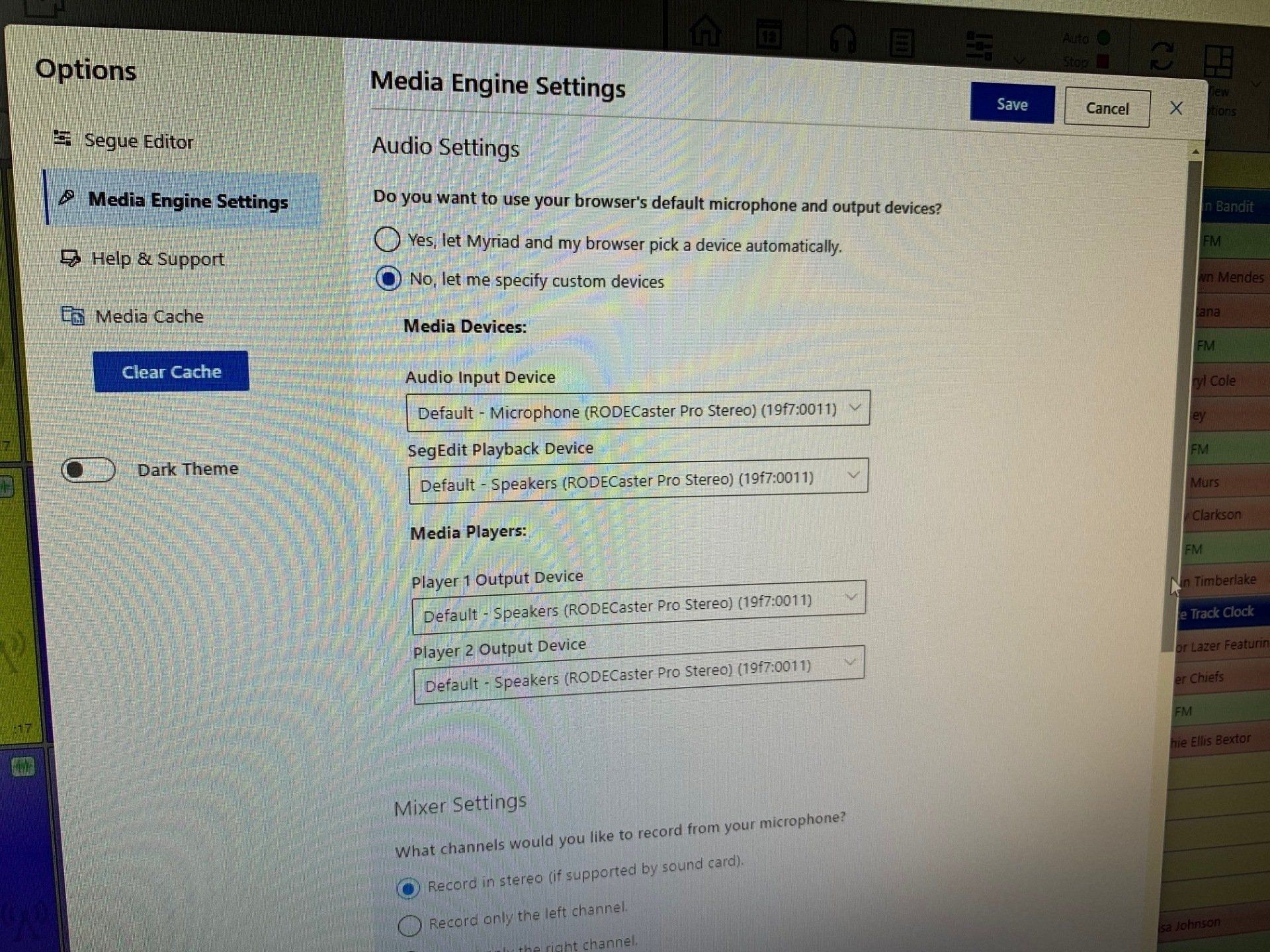 A computer screen shows the media engine settings page.