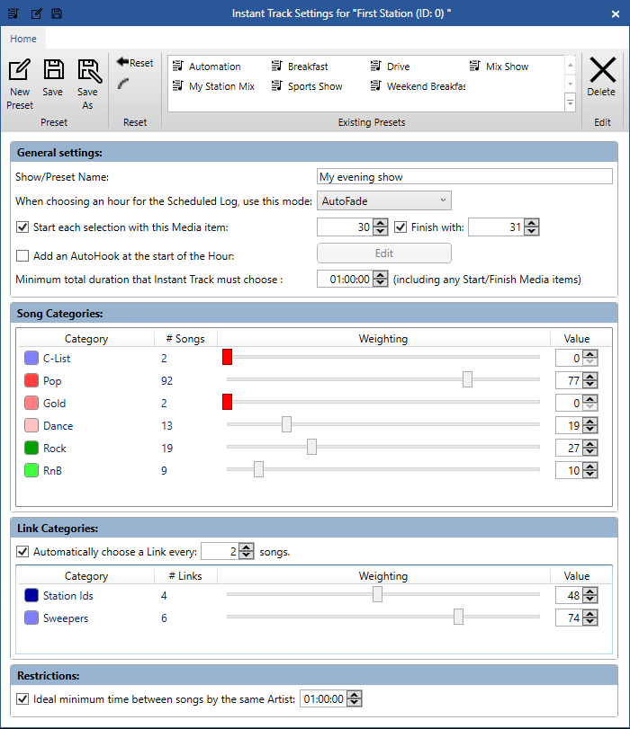 A screenshot of a program called instant track settings