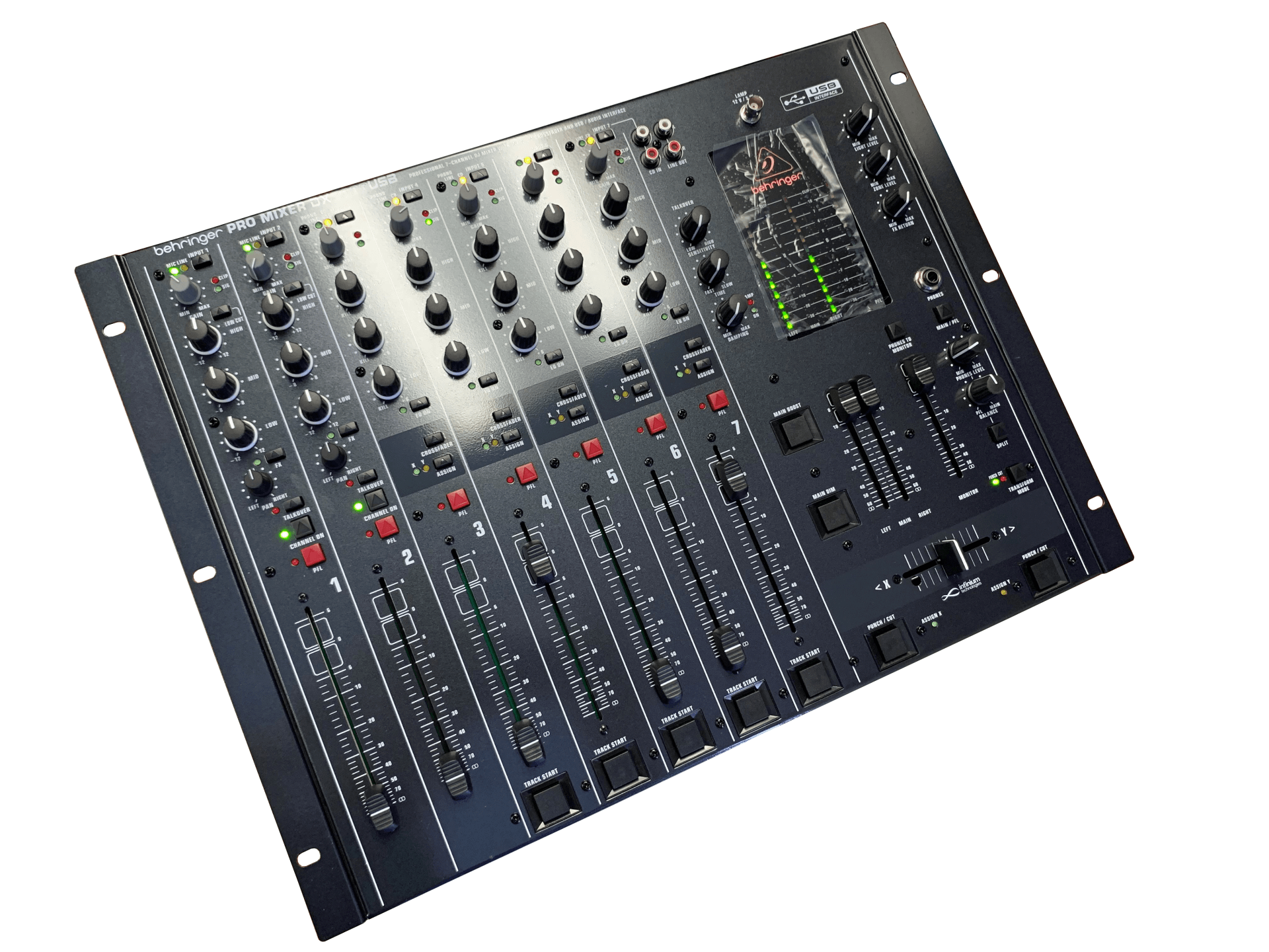 A black mixer with a lot of knobs and buttons
