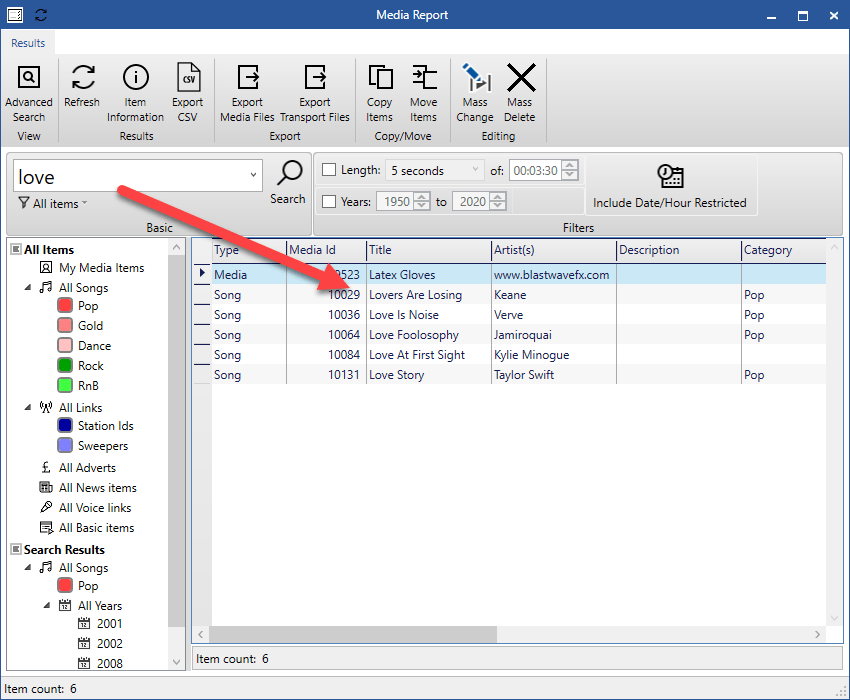 A computer screen with a red arrow pointing to a list of items