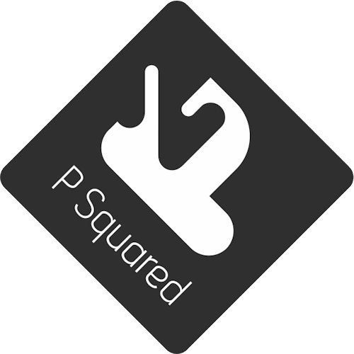 A black and white p squared logo on a white background