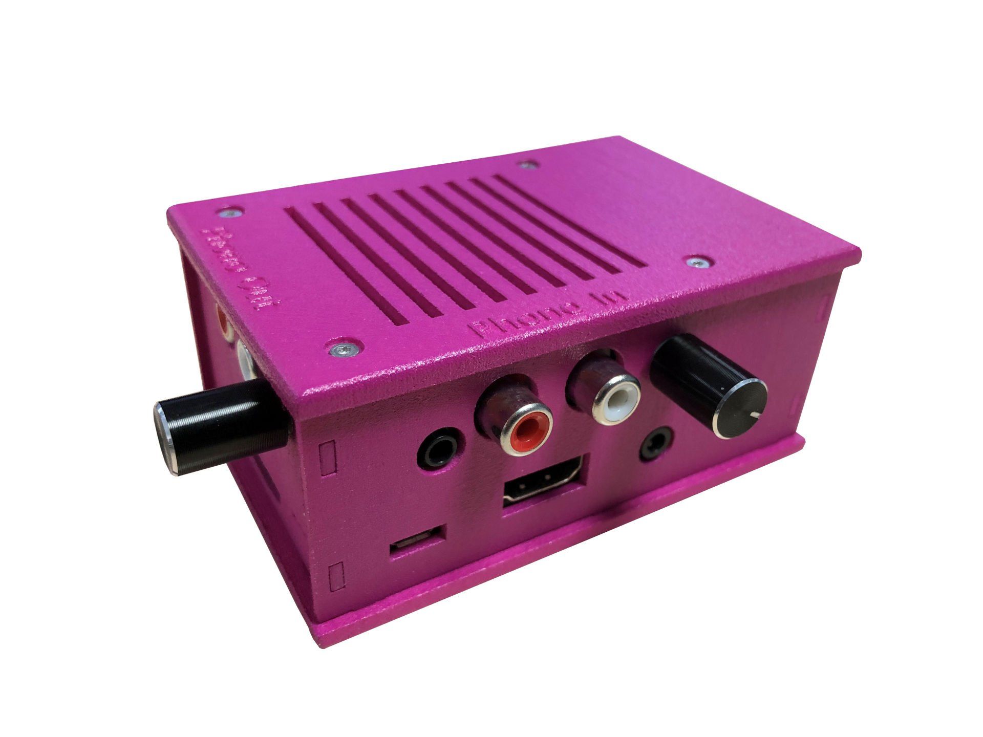 A pink box with a lot of connectors on it on a white background.