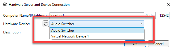 A computer screen shows the hardware server and device connection window