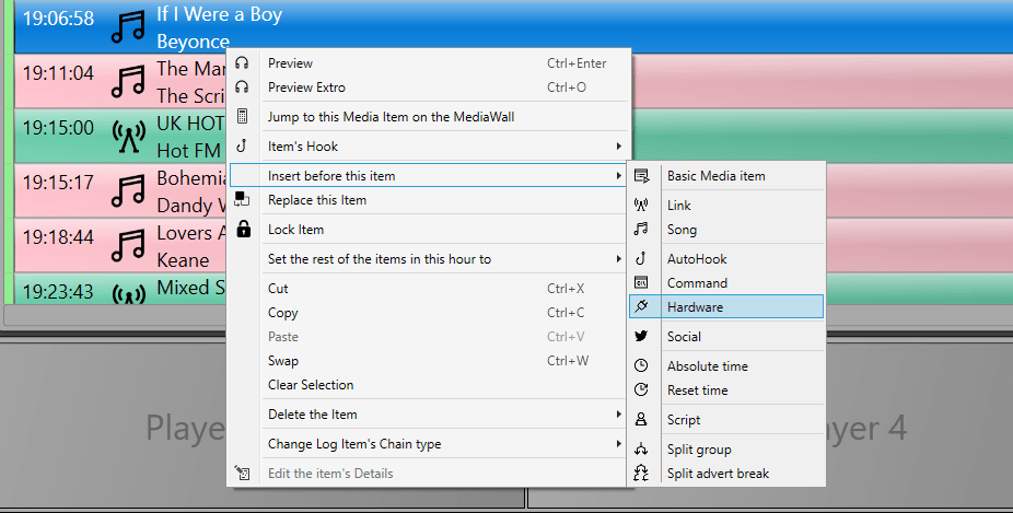 A screenshot of a music player with a menu open