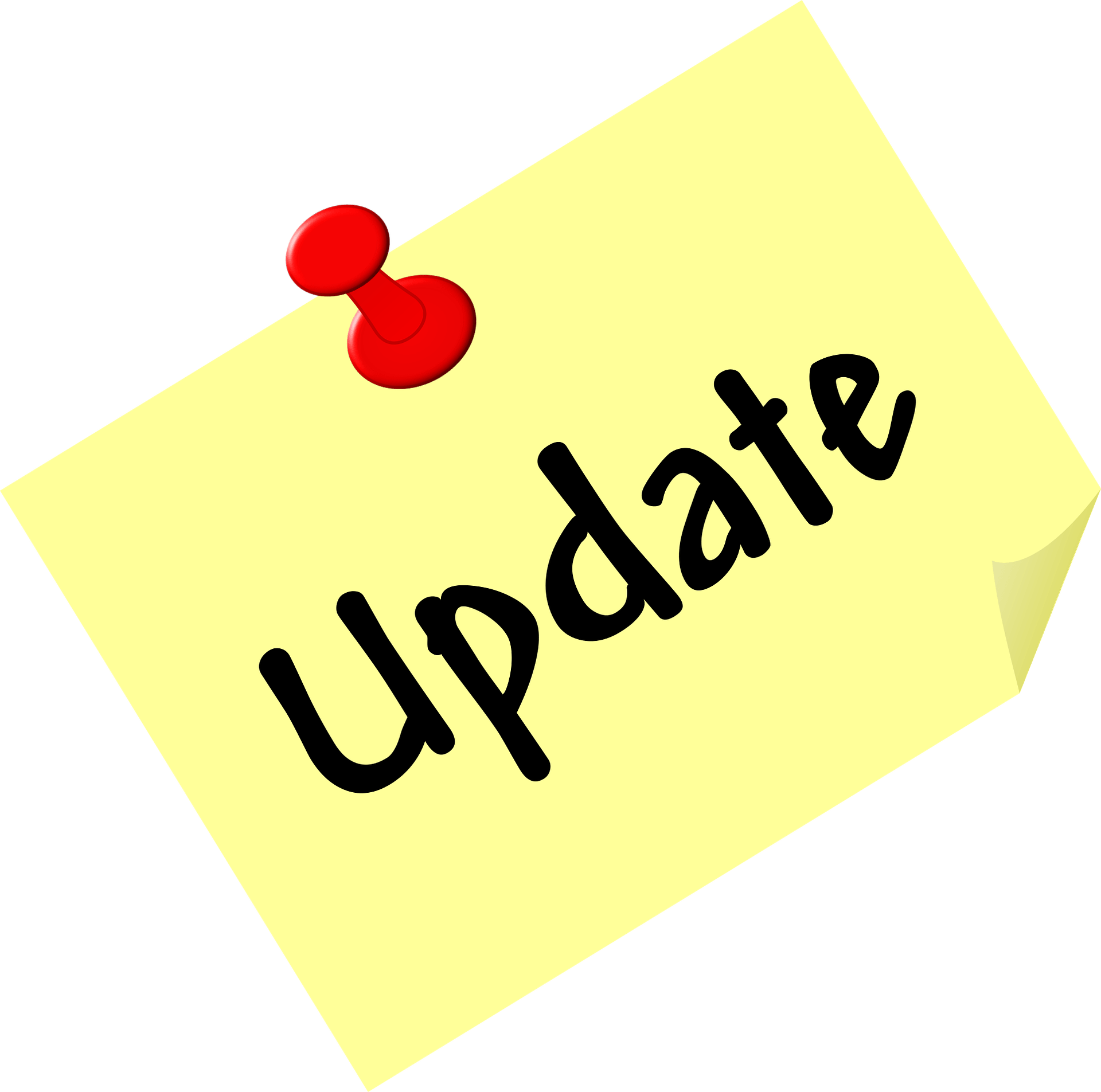 A yellow sticky note with the word update written on it