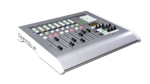 A mixer with a lot of buttons and knobs on a white background.
