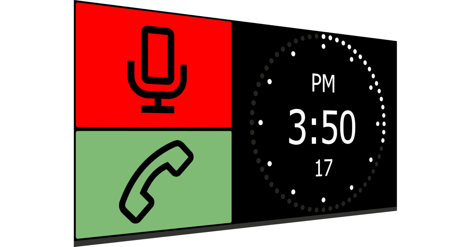A clock with a microphone and a phone icon on it.
