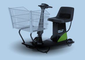 Electric shopping cart with seat and basket for disabled shoppers.