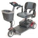 Mobility scooter with black and burgundy accents, front basket, and three wheels.