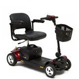 Red and black mobility scooter with a basket; for personal mobility.