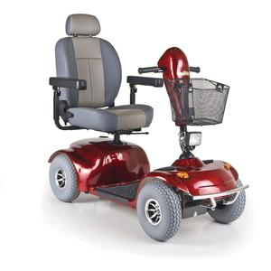 Red and gray mobility scooter with a seat, armrests, and basket.