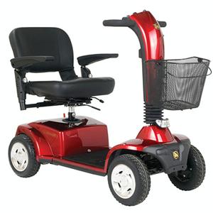 Red mobility scooter with black seat, basket, and four wheels.