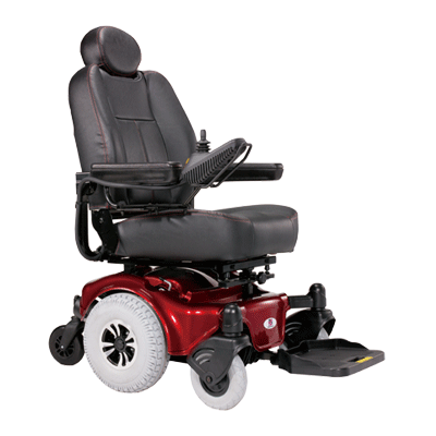 Red and black power wheelchair with black seat and joystick controller.