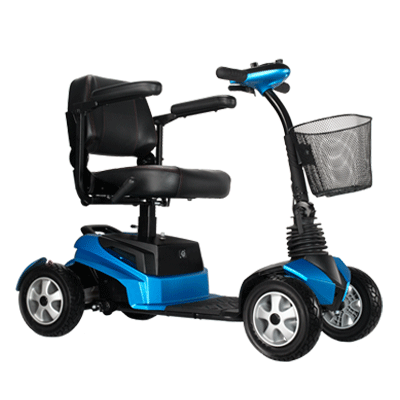 Blue mobility scooter with black seat and basket, on a white background.