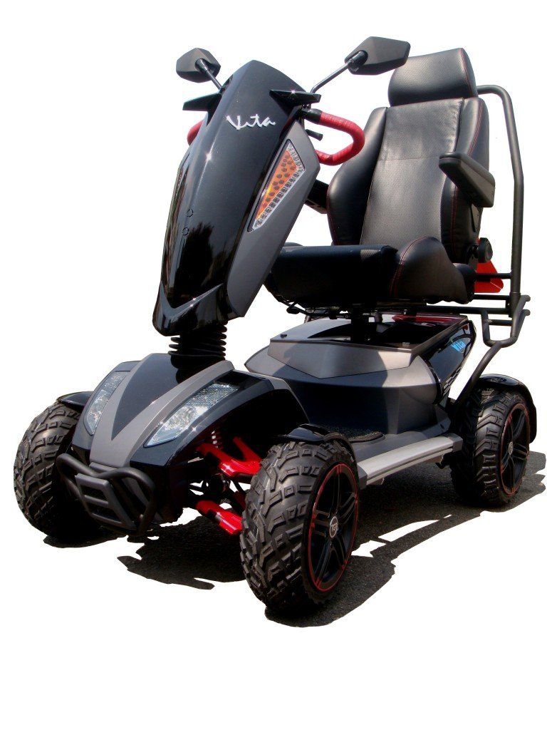 Black mobility scooter with large tires and a sports-style seat, angled on a white background.