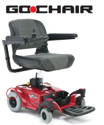 Red GoChair power wheelchair with black seat and armrests, against a white background.