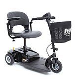 Black mobility scooter with a seat, handlebars, and a basket, against a white background.
