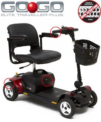 Go-Go Elite Traveller Plus mobility scooter, black seat and basket, red accents, indicated with red circles.