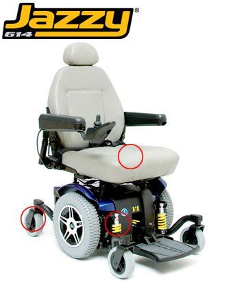 Jazzy 614 power wheelchair with a blue base, gray seat, and yellow suspension. Front wheels and seat circled in red.