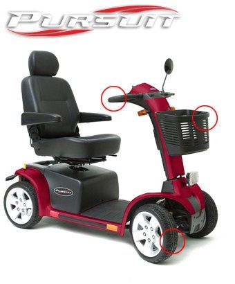 Red Pursuit mobility scooter with basket, seat, and wheels; steering handles circled in red.
