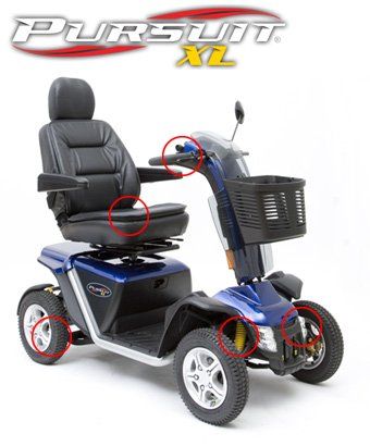 Blue and black Pursuit XL mobility scooter with marked parts for demonstration.