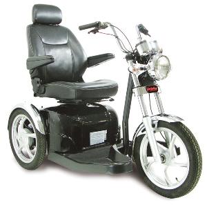 Black and silver mobility scooter with large seat, front headlight, and three wheels.