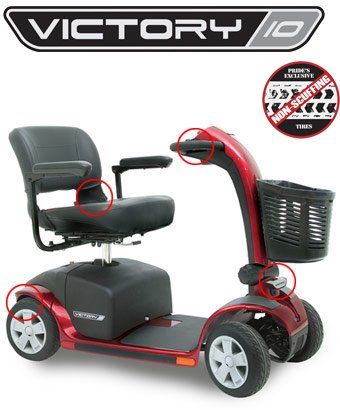 Red Victory 10 mobility scooter with a basket. Circled areas highlight armrests, tiller handle, and wheel.