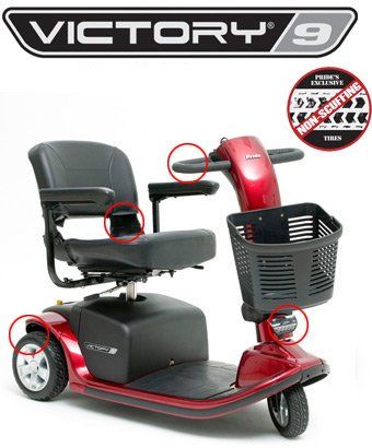 Red Victory 9 mobility scooter with a basket, seat, armrests, and a headlight. The logo is above the scooter.