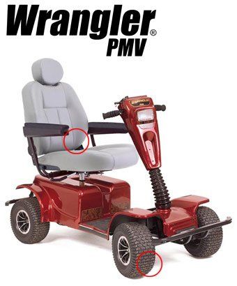 Red Wrangler PMV mobility scooter with gray seat and black tires; indoors, neutral background.
