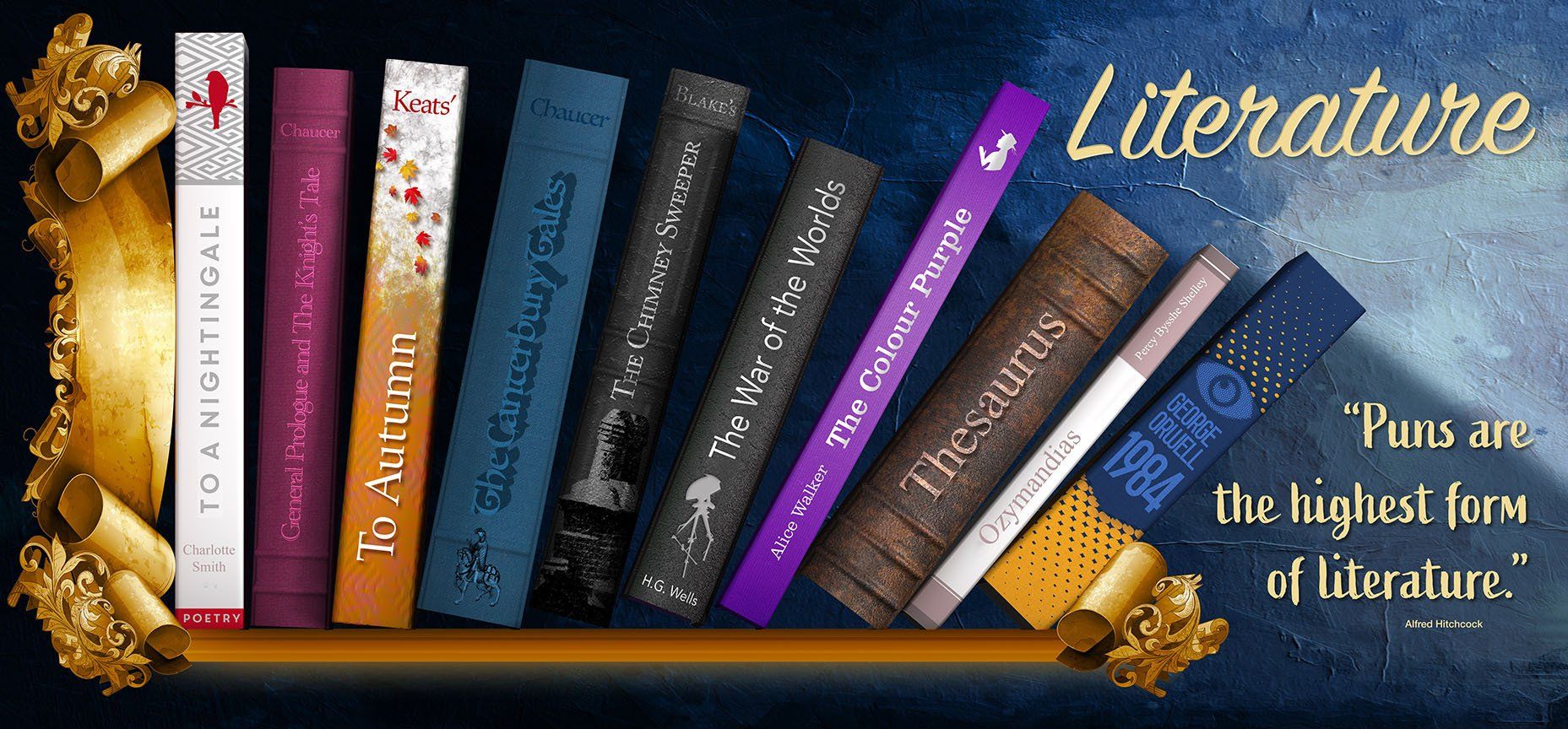 English literature school wall mural bookshelf design