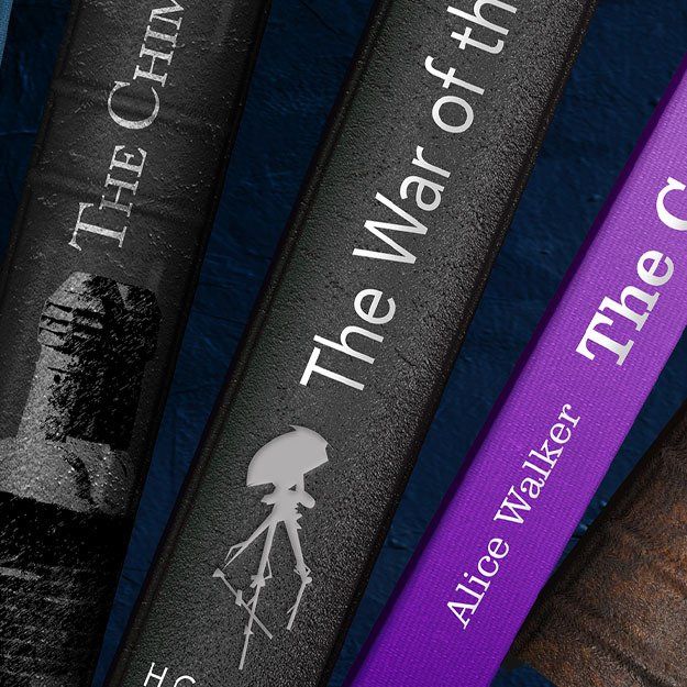 English wall mural design book spines H. G. wells