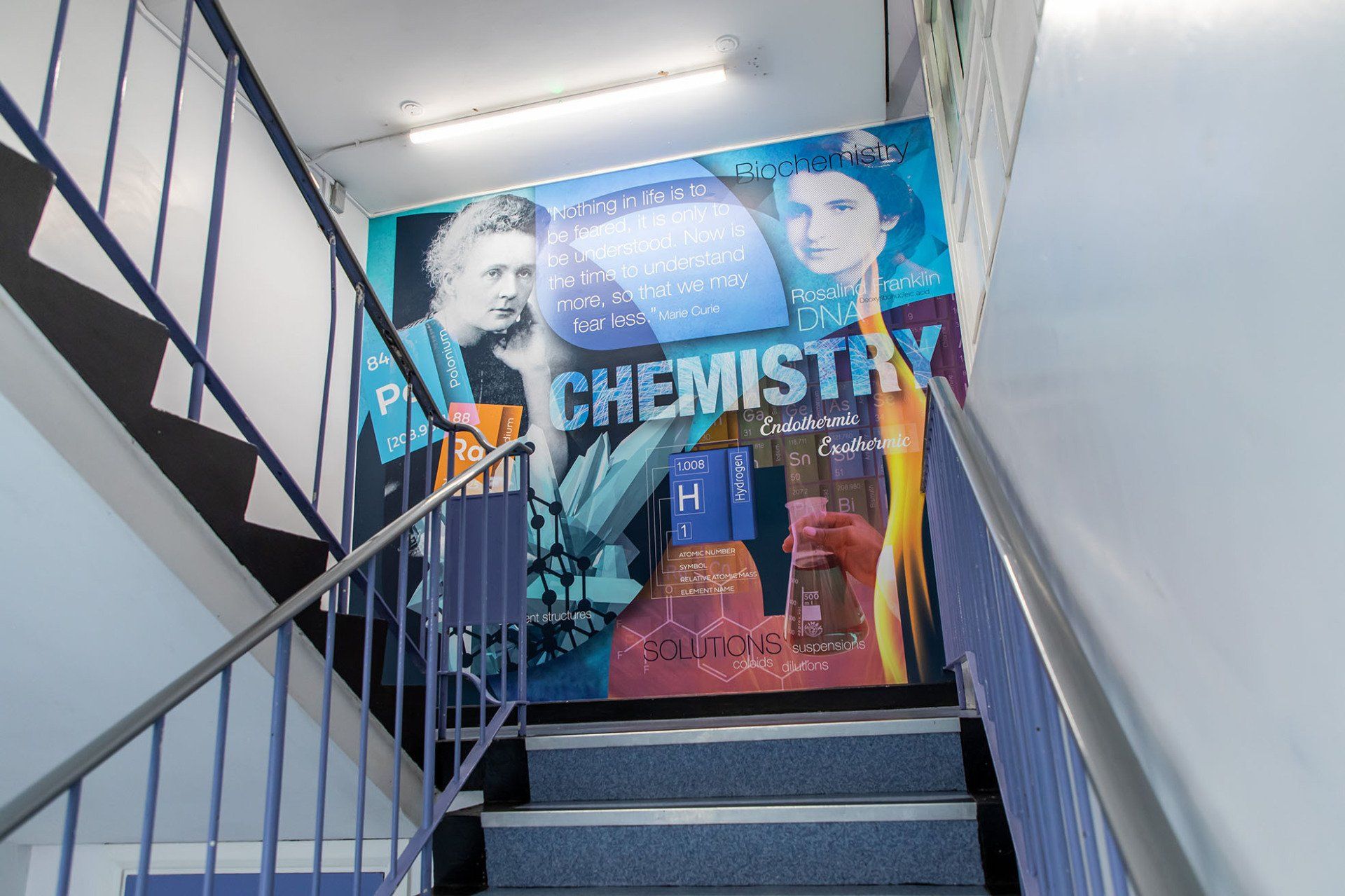 Physics wall mural on school staircase