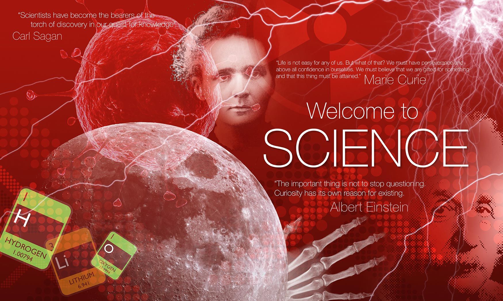 School science wall mural with welcome to Science message. Features general science images like the moon, Marie curie and X-rays