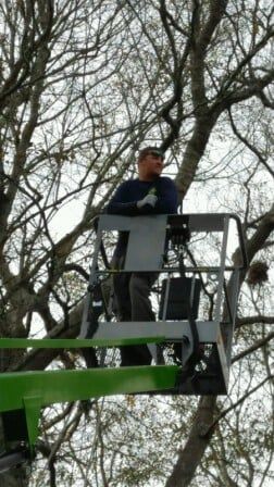Worker on a lift cutting tree - Tree removal in Daphne and Fairhope Counties Worker on a lift cutting tree - Tree removal in Daphne and Fairhope Counties
