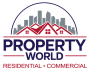 Logo for Property World: houses and skyscrapers under a blue arc, text