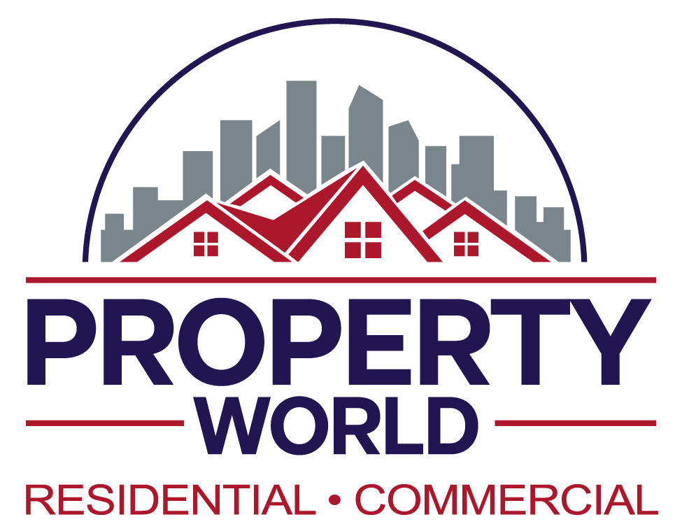 Logo for Property World: houses and skyscrapers under a blue arc, text