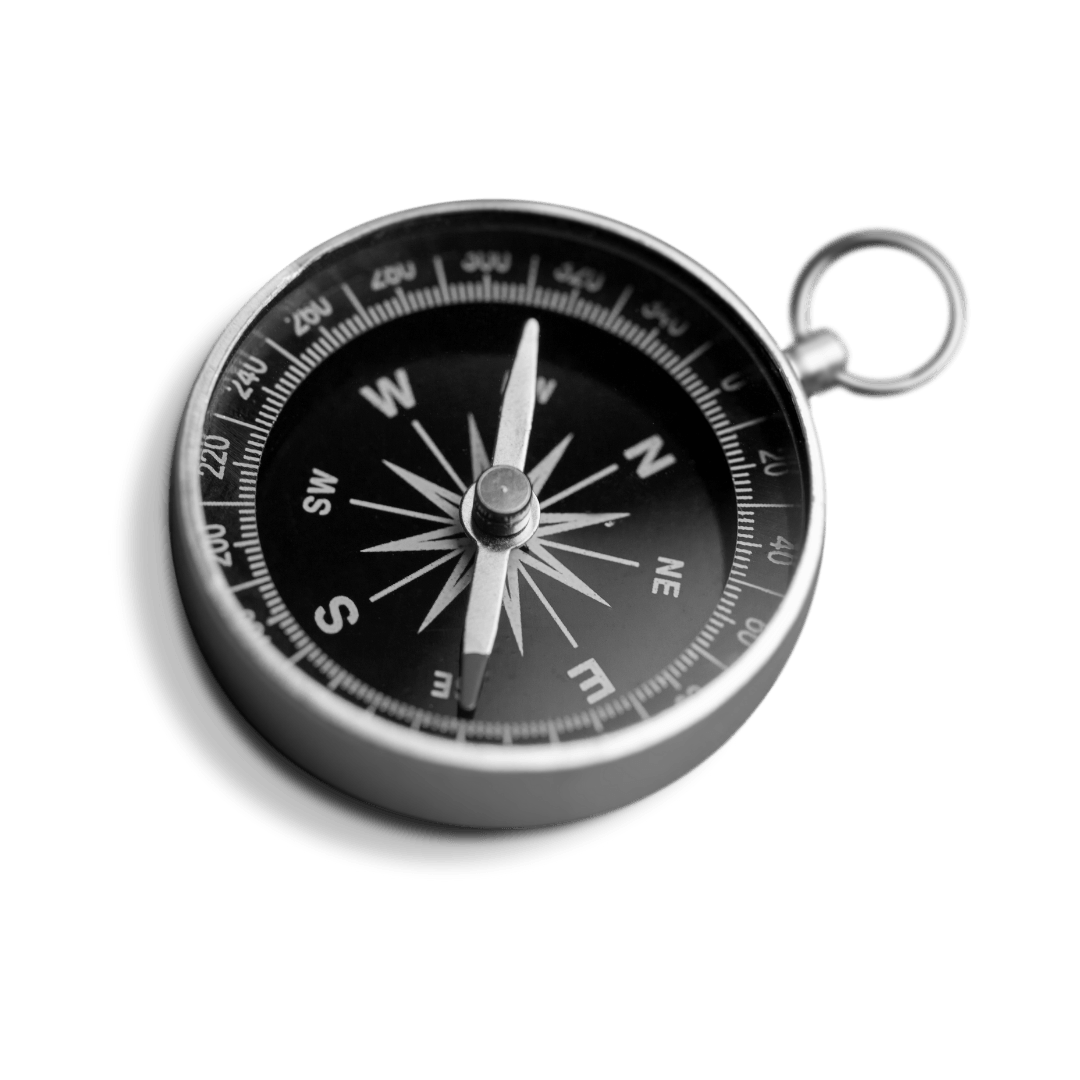 Compass pointing North, black face with white markings, silver casing, isolated on white background.