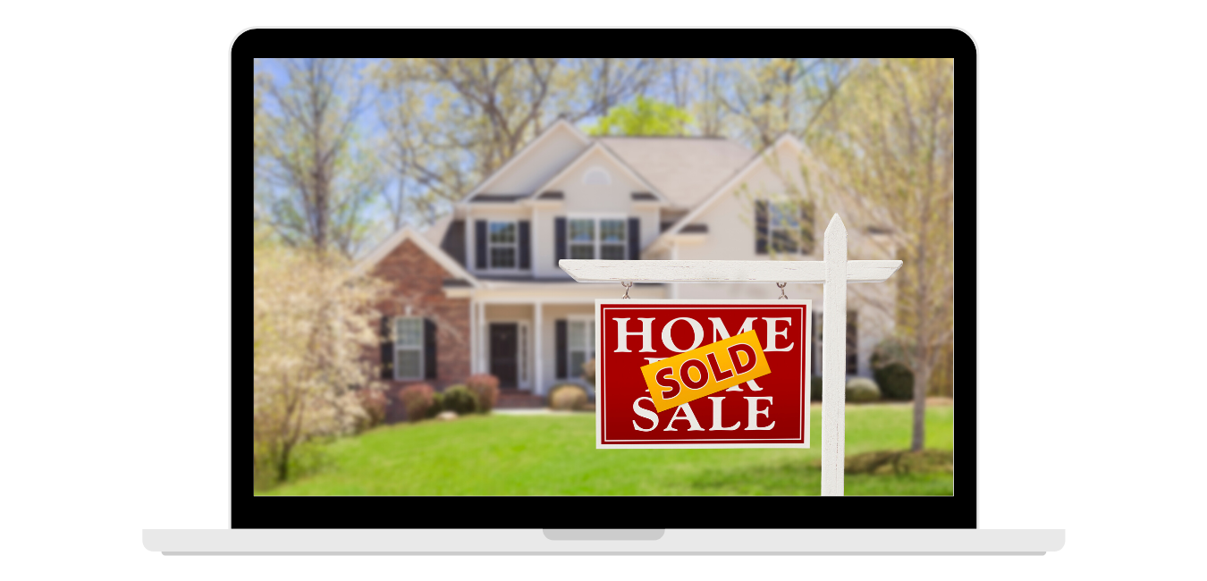 Laptop screen displaying a sold home. Sign reads