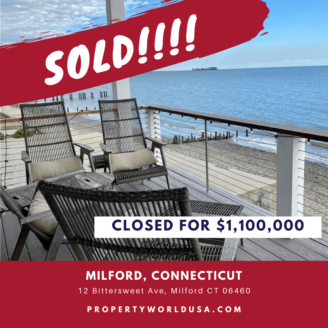Real estate advertisement: Oceanfront deck with sold sign, closed for $1,100,000 in Milford, CT.