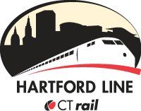 Hartford Line logo: Train silhouette with skyline, 