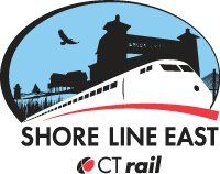 Shore Line East logo: train in front of a blue sky with a train station silhouette and an eagle.