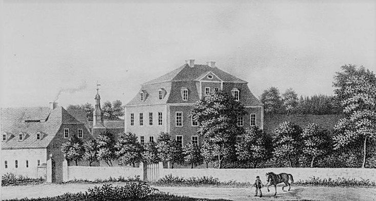 Abb. 2 Das Herrenhaus mit Försterei und Türmchen des Einfahrttores sowie mit ummauerter Begrenzung des Gutsparkes ©nach Poenicke 1856, Quelle - Stadtarchiv Plauen Abb. 2 Das Herrenhaus mit Försterei und Türmchen des Einfahrttores sowie mit ummauerter Begrenzung des Gutsparkes ©nach Poenicke 1856, Quelle - Stadtarchiv Plauen